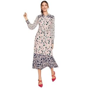 Boden Pink Floral Midi Shirt Dress with Navy Contrast